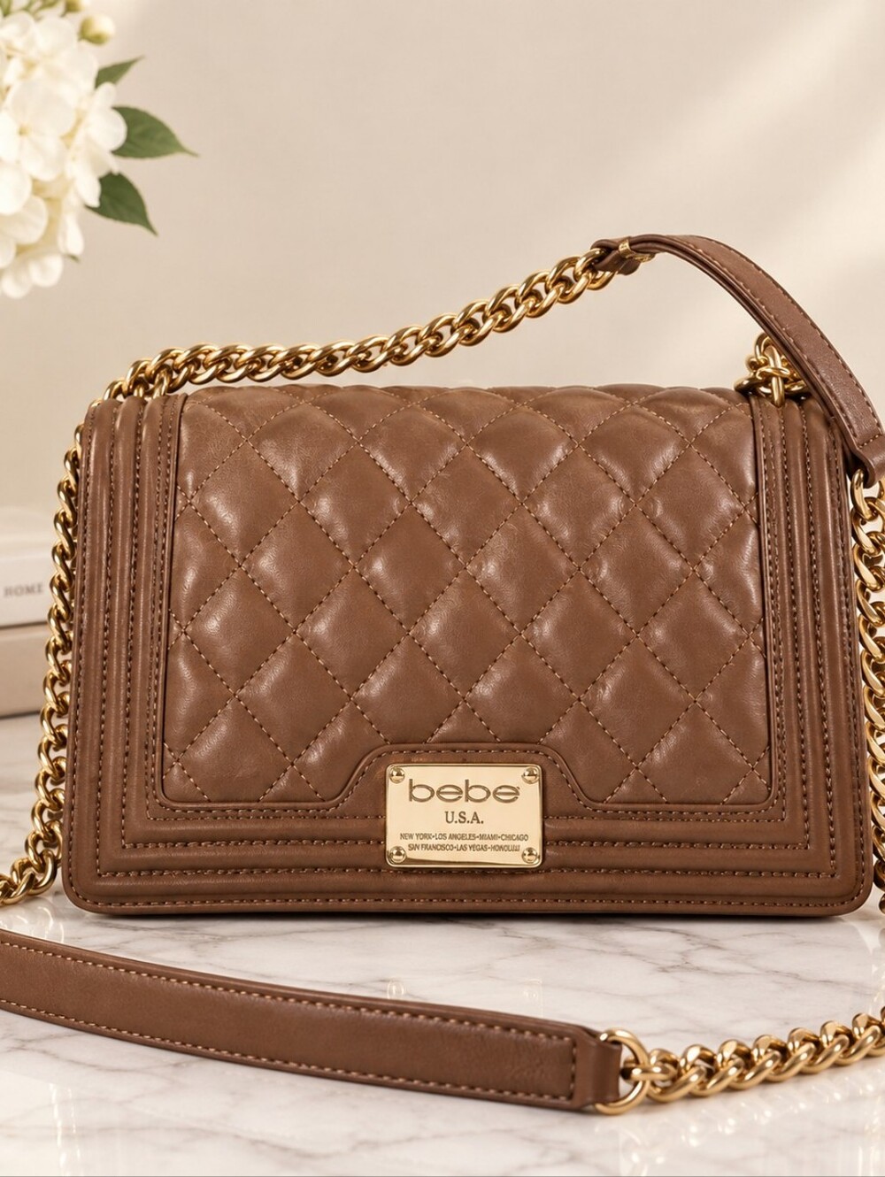bebe Brown Quilted Flap Shoulder Crossbody Bag Gold Chain Strap